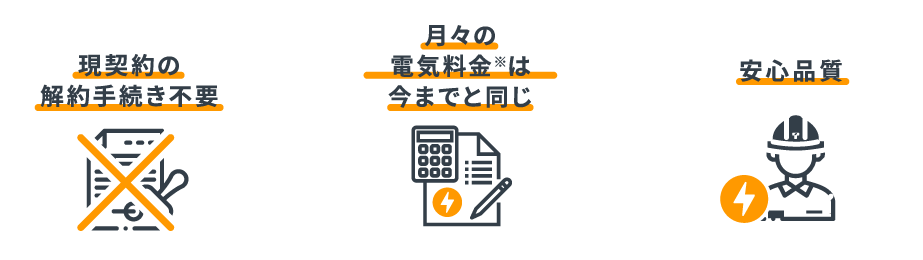 現契約の解約手続き不要 月々の電気料金は今までと同じ 安心品質