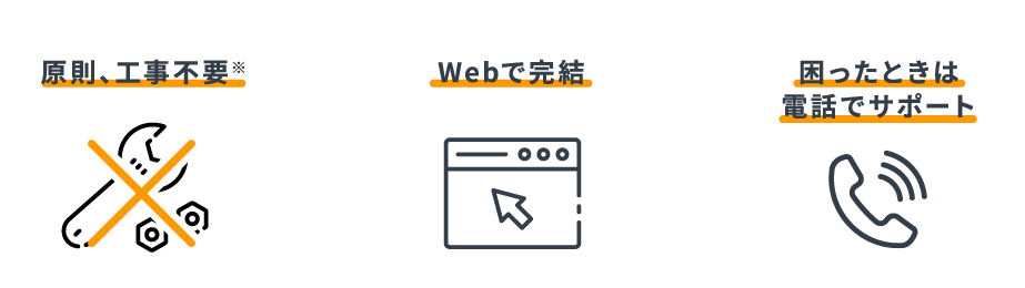原則工事不要 Webで完結 困ったときは電話でサポート